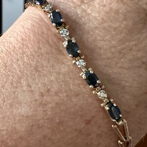 10K Solid Yellow Gold Oval Blue Sapphire Diamond Tennis Bracelet-3.4Grams